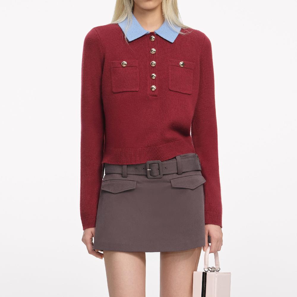 Self Portrait Burgundy Contrast Collar Knit Top CLOTHING