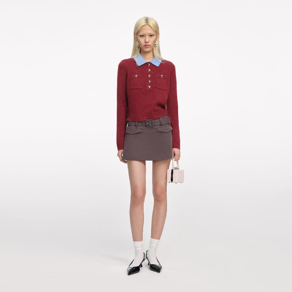 Self Portrait Burgundy Contrast Collar Knit Top CLOTHING