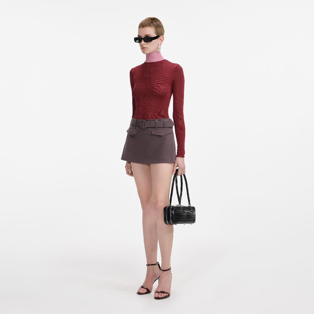 Self Portrait Burgundy Contrast Viscose Knit Top CLOTHING
