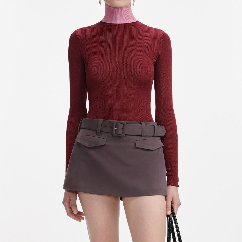 Self Portrait Burgundy Contrast Viscose Knit Top CLOTHING
