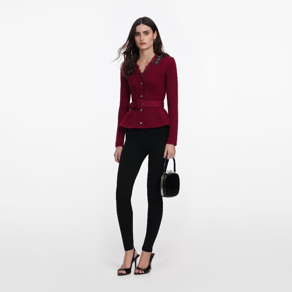 Self Portrait Burgundy Crystal Trim Cardigan CLOTHING