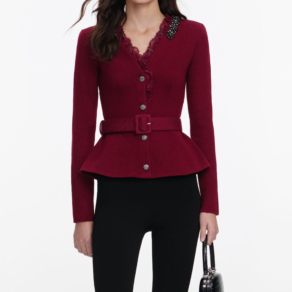 Self Portrait Burgundy Crystal Trim Cardigan CLOTHING