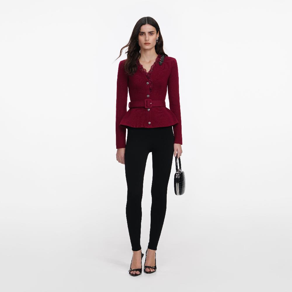 self portrait Burgundy Crystal Trim Cardigan CLOTHING