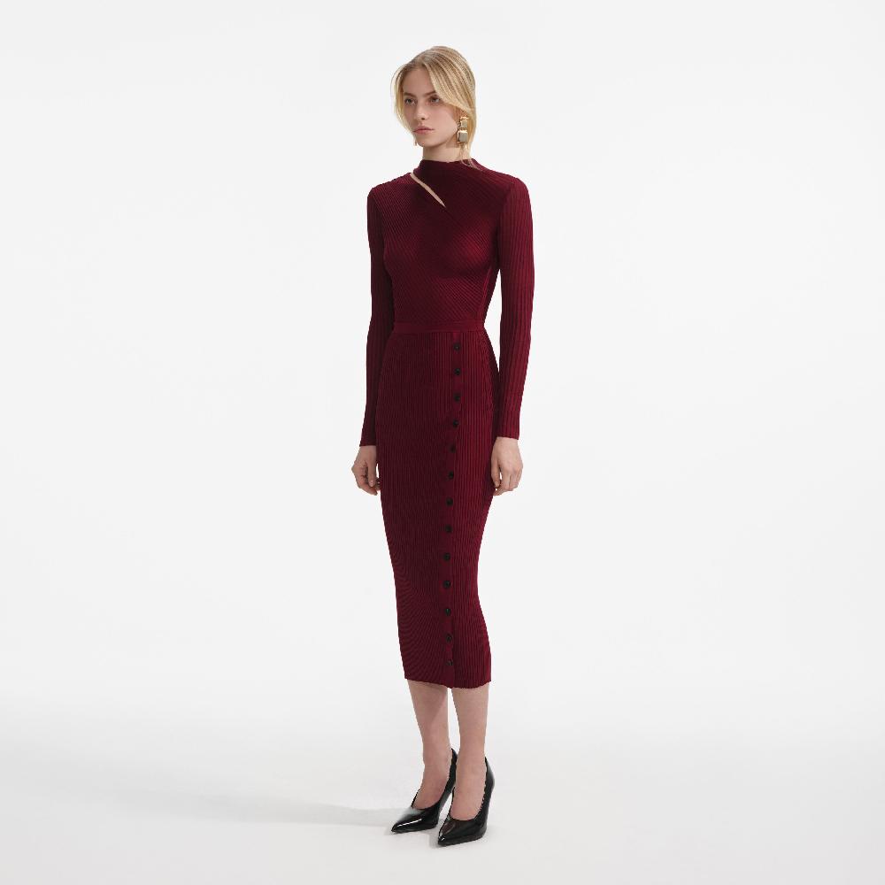 Self Portrait Burgundy Cut Out Rib Knit Midi Dress CLOTHING