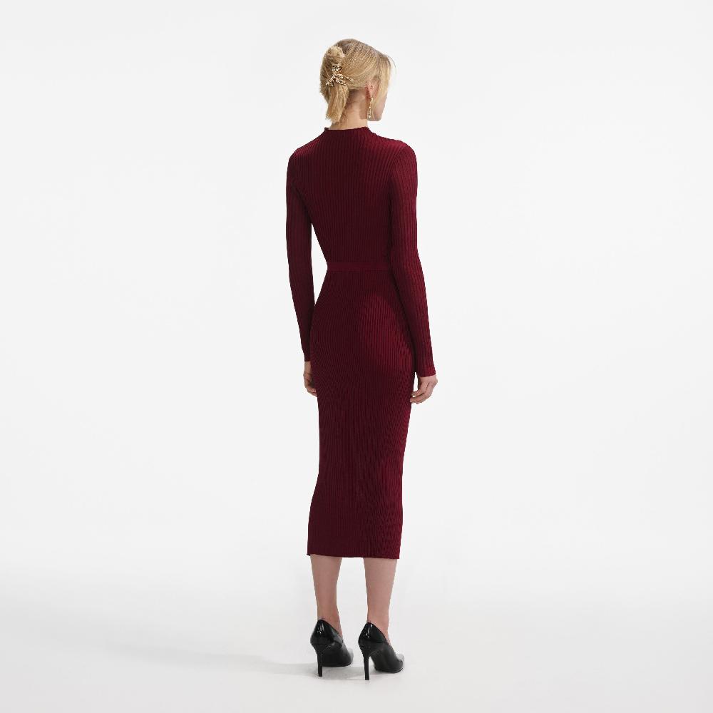 Self Portrait Burgundy Cut Out Rib Knit Midi Dress CLOTHING