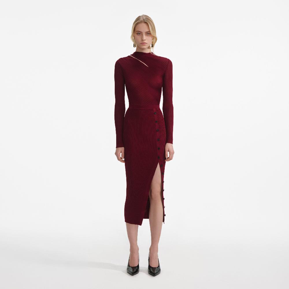 Self Portrait Burgundy Cut Out Rib Knit Midi Dress CLOTHING
