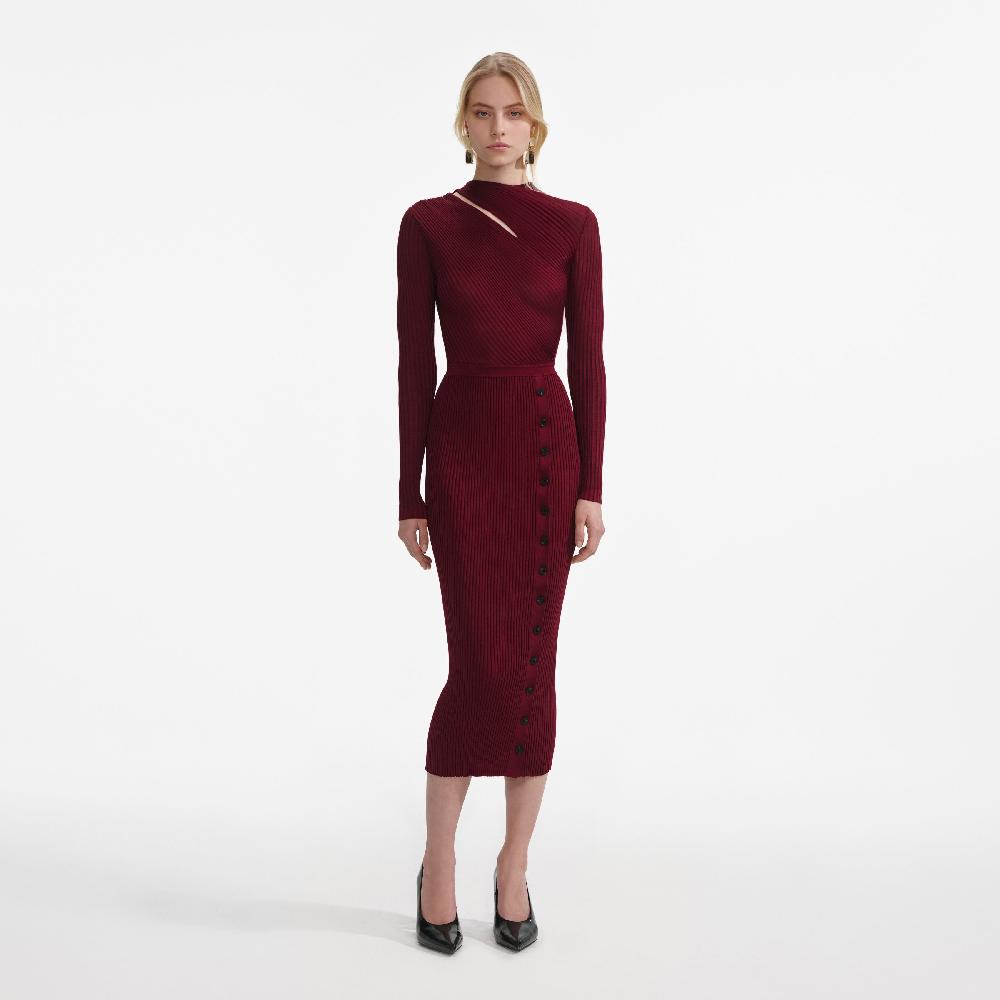 self portrait Burgundy Cut Out Rib Knit Midi Dress CLOTHING