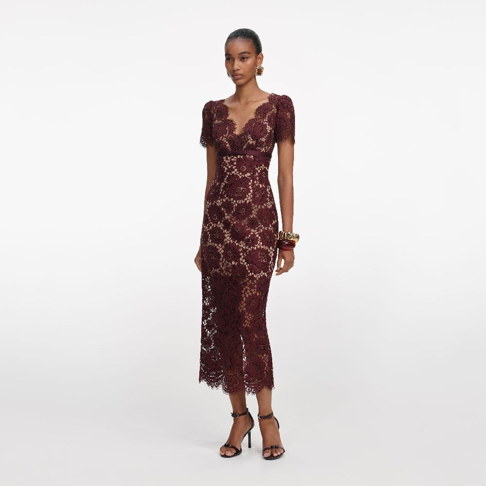 Self Portrait Burgundy Floral Lace Midi Dress CLOTHING