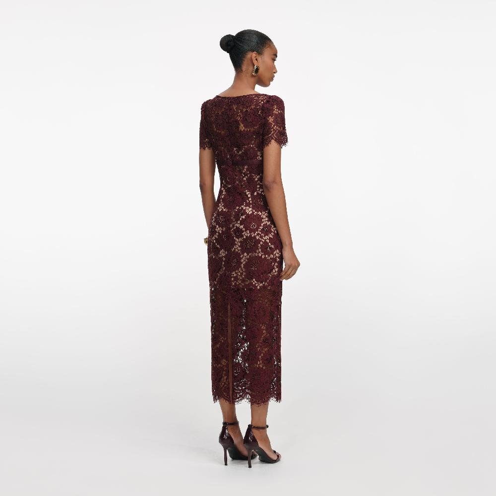 Self Portrait Burgundy Floral Lace Midi Dress CLOTHING