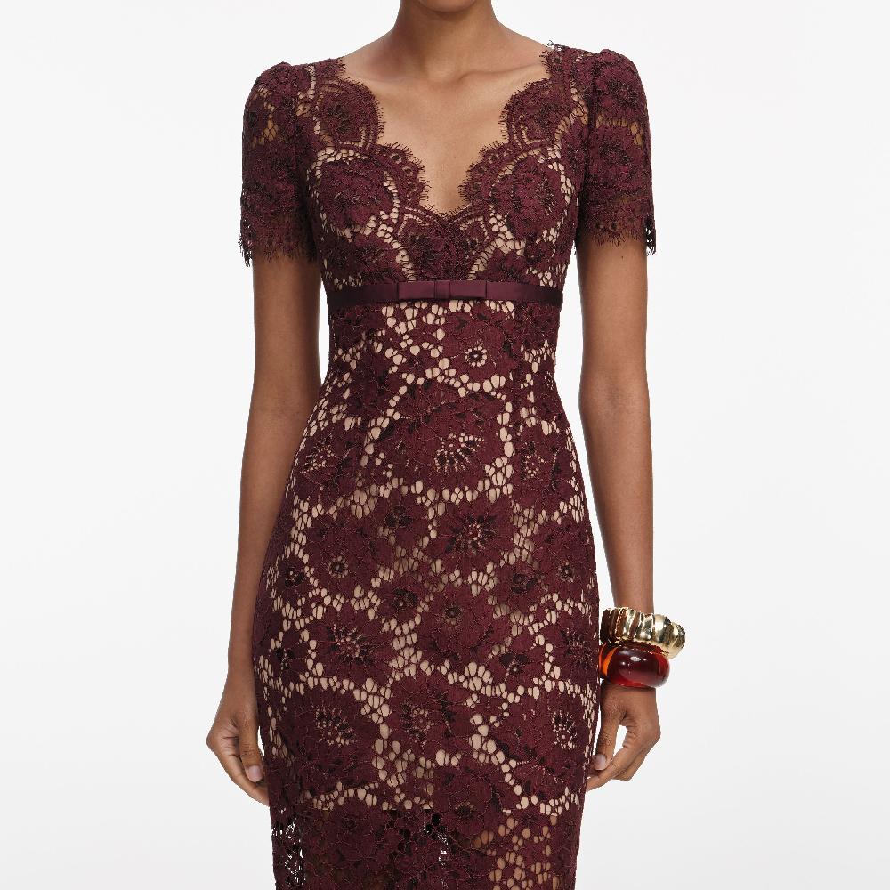Self Portrait Burgundy Floral Lace Midi Dress CLOTHING