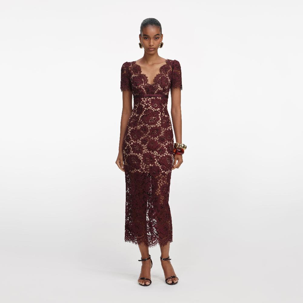 self portrait Burgundy Floral Lace Midi Dress CLOTHING