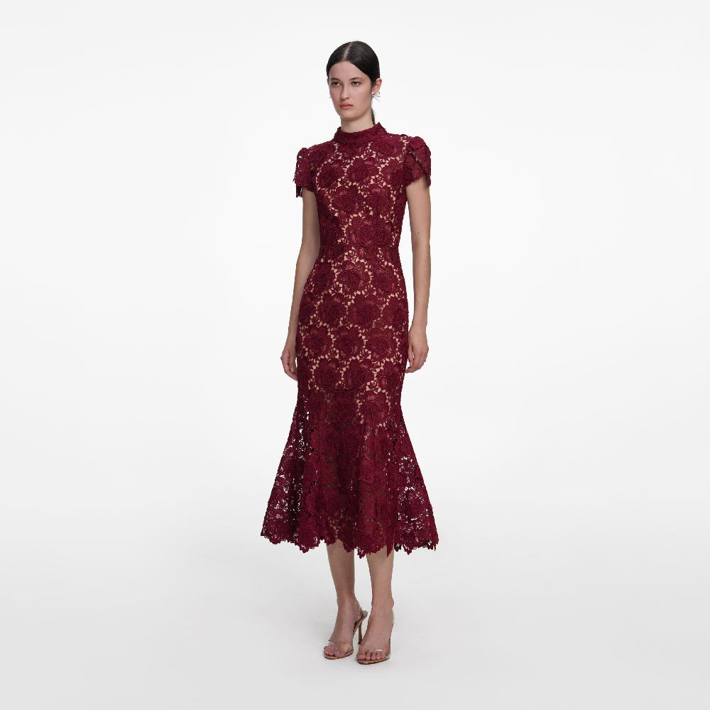 Self Portrait Burgundy Flower Lace Midi Dress CLOTHING
