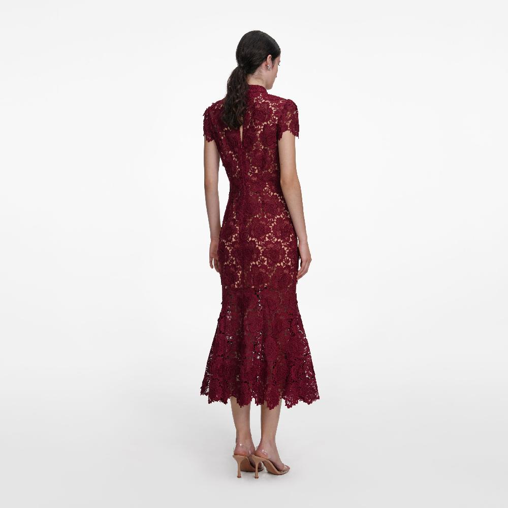 Self Portrait Burgundy Flower Lace Midi Dress CLOTHING
