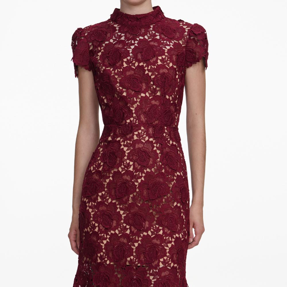 Self Portrait Burgundy Flower Lace Midi Dress CLOTHING