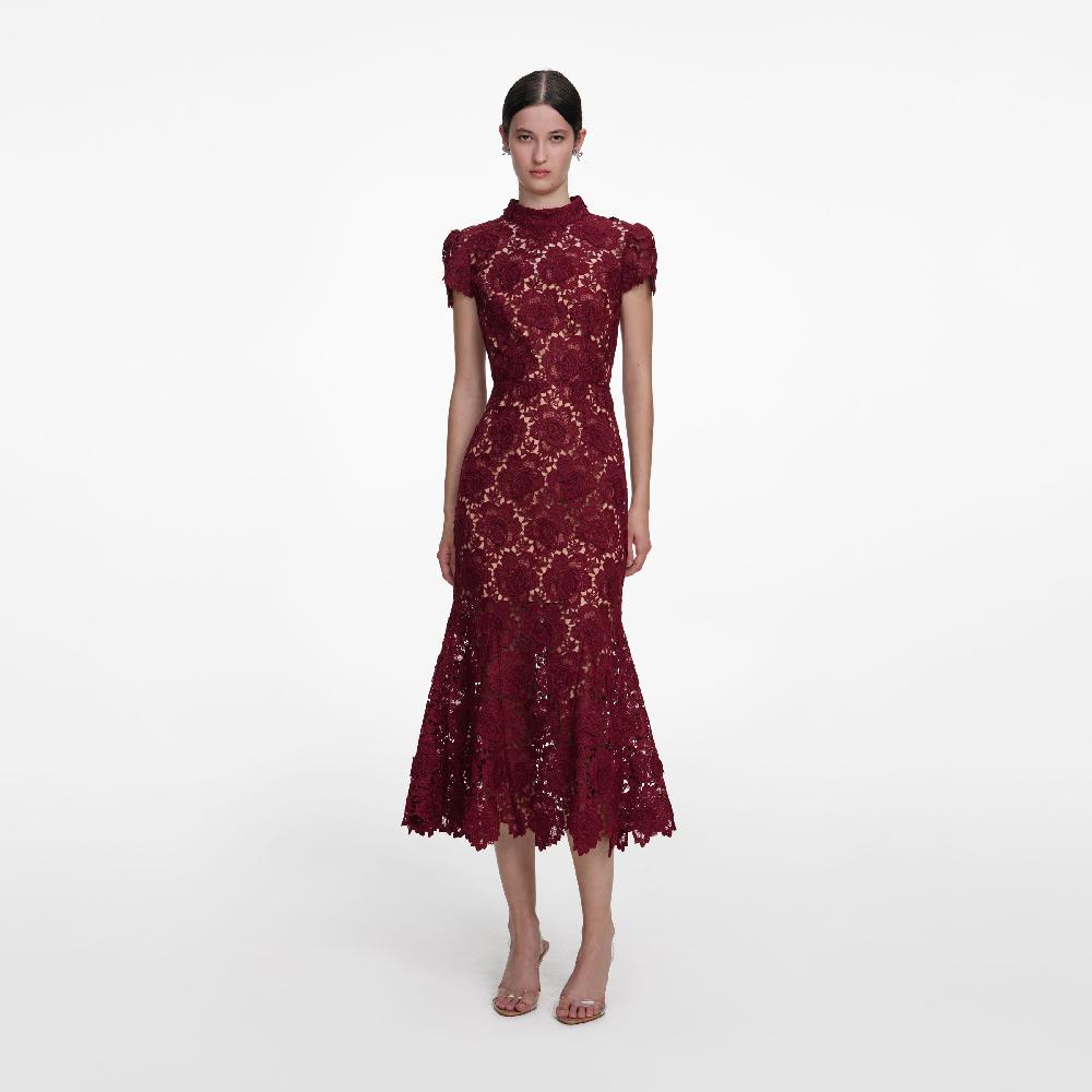 self portrait Burgundy Flower Lace Midi Dress CLOTHING