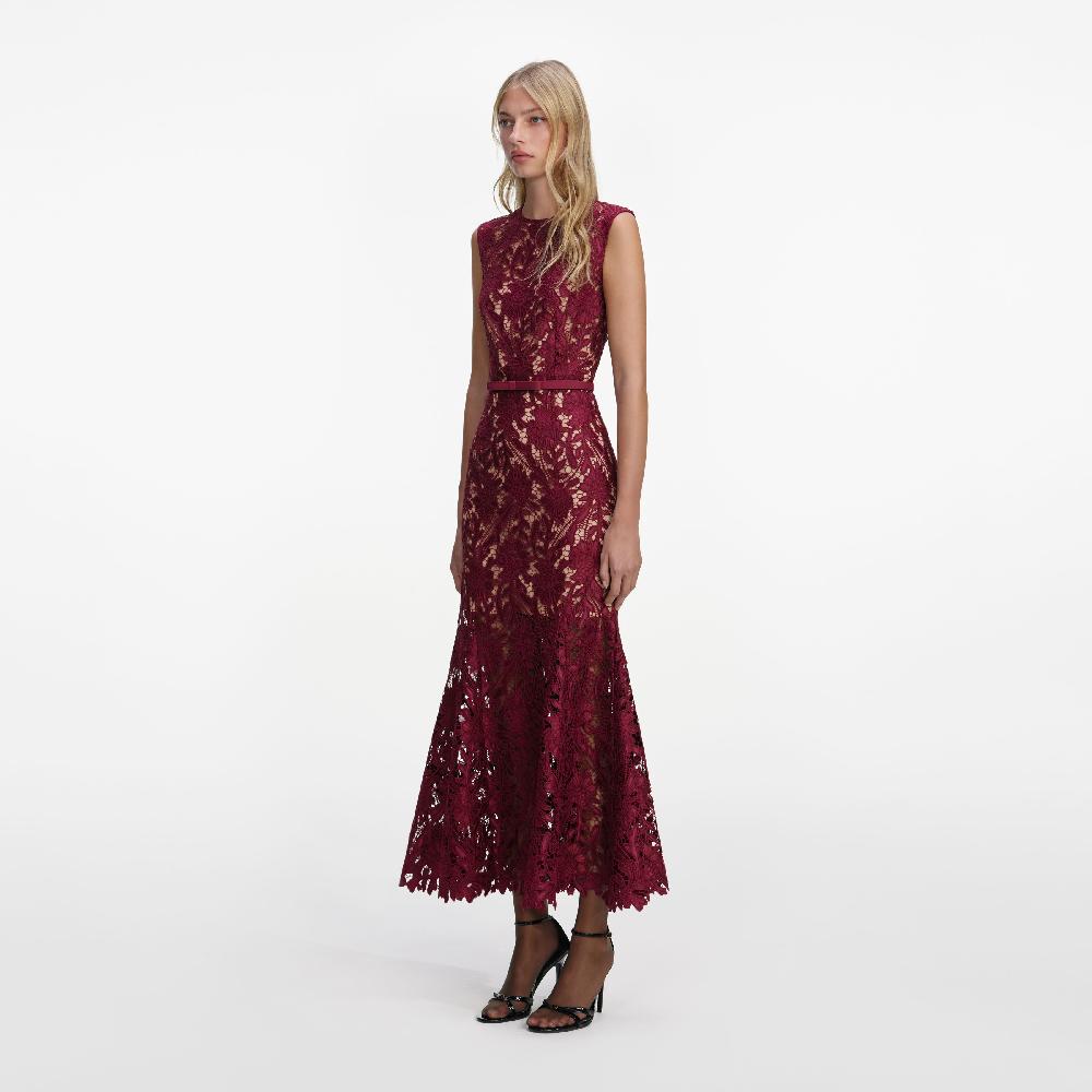 Self Portrait Burgundy Guipure Lace Midi Dress CLOTHING