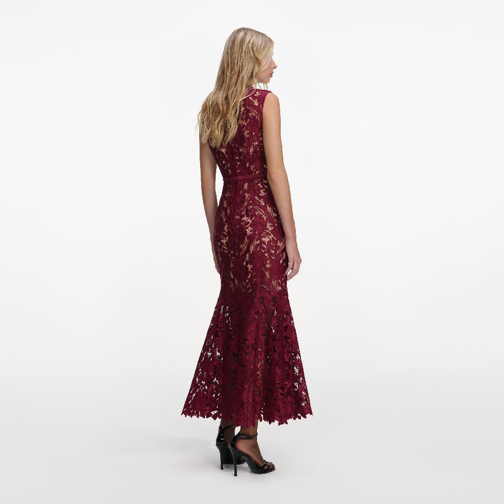 Self Portrait Burgundy Guipure Lace Midi Dress CLOTHING