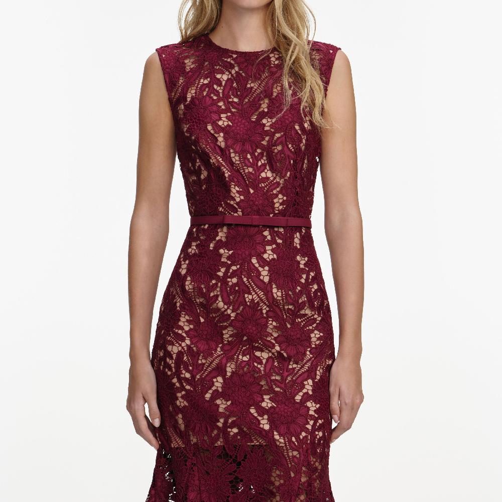 Self Portrait Burgundy Guipure Lace Midi Dress CLOTHING