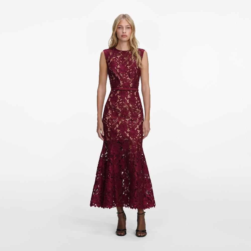 self portrait Burgundy Guipure Lace Midi Dress CLOTHING