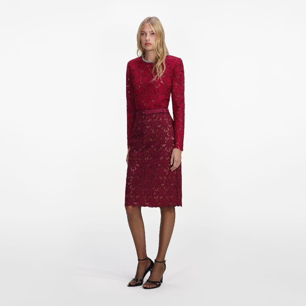 Self Portrait Burgundy Guipure Lace Midi Skirt CLOTHING