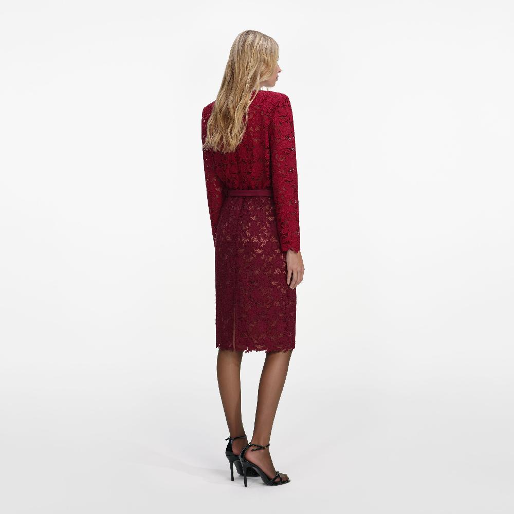 Self Portrait Burgundy Guipure Lace Midi Skirt CLOTHING