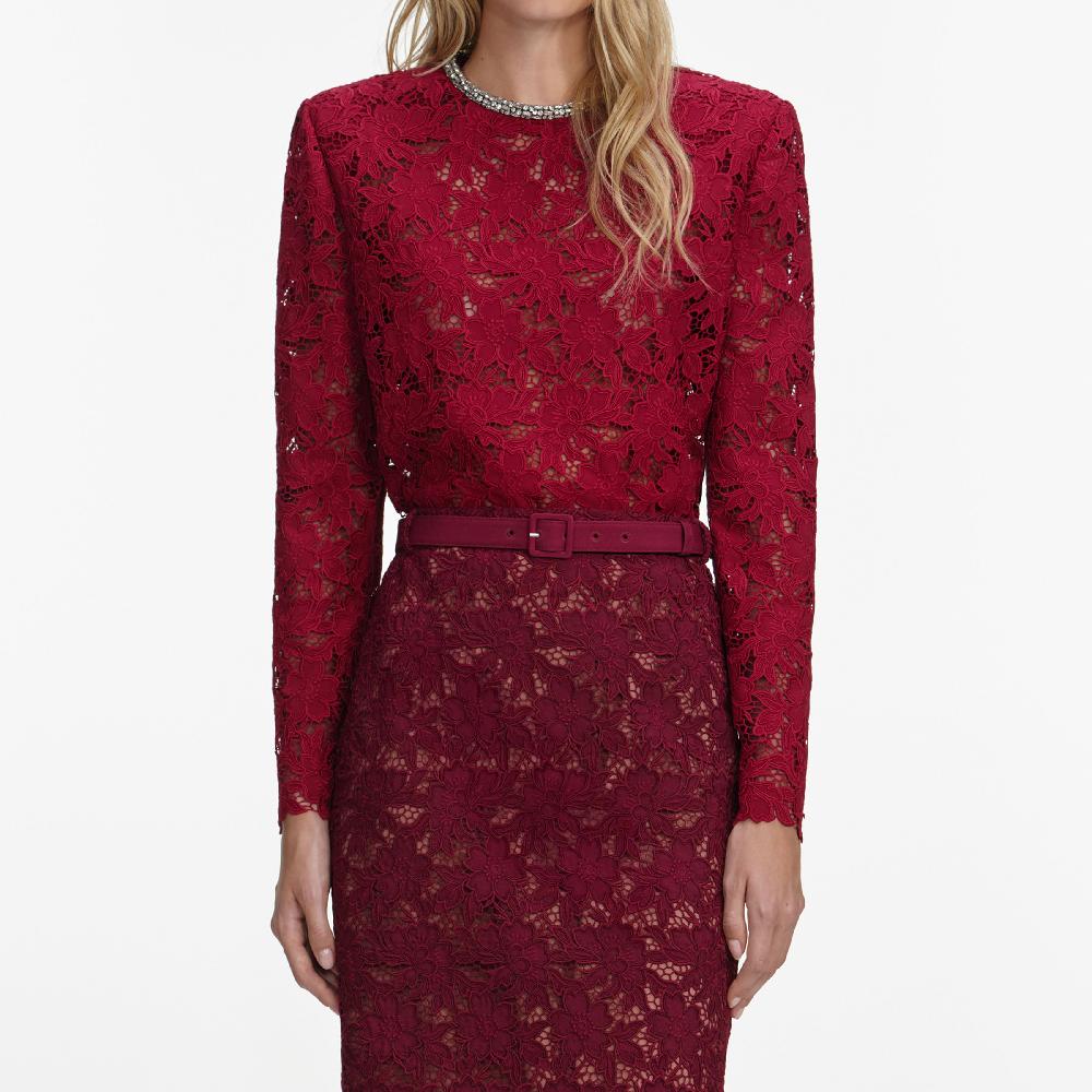 Self Portrait Burgundy Guipure Lace Midi Skirt CLOTHING