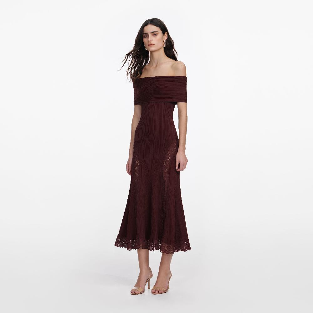 Self Portrait Burgundy Knit Lace Insert Midi Dress CLOTHING
