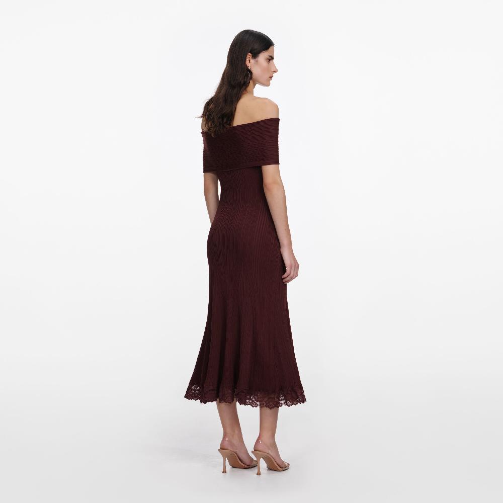 Self Portrait Burgundy Knit Lace Insert Midi Dress CLOTHING