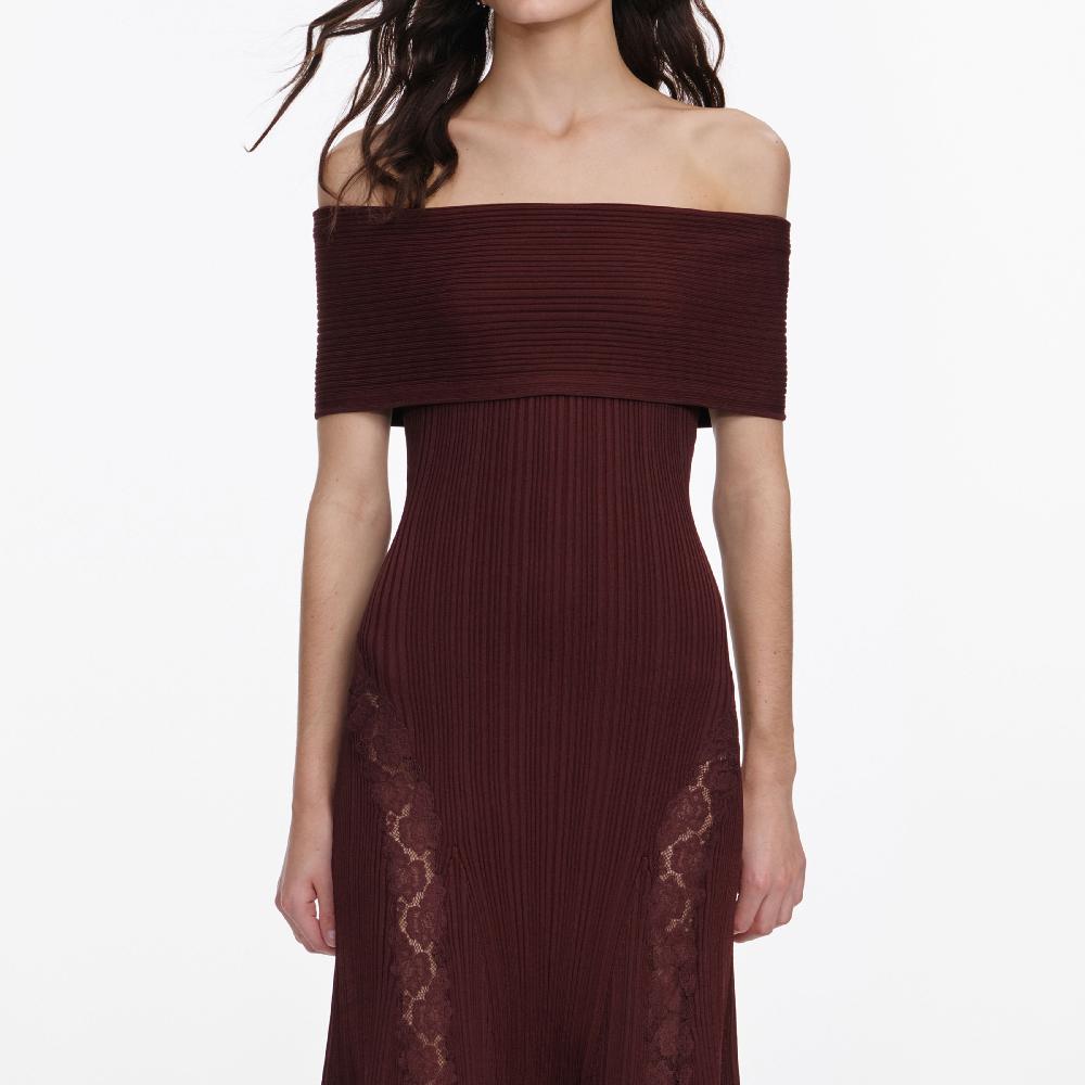 Self Portrait Burgundy Knit Lace Insert Midi Dress CLOTHING
