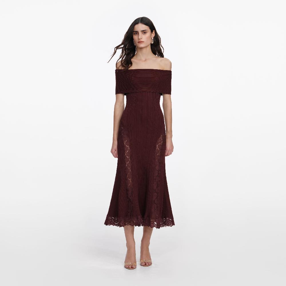 self portrait Burgundy Knit Lace Insert Midi Dress CLOTHING