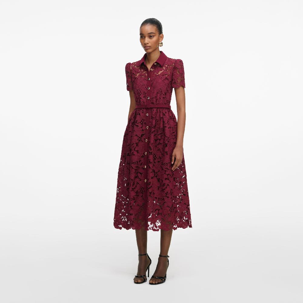 Self Portrait Burgundy Lace Collared Midi Dress CLOTHING