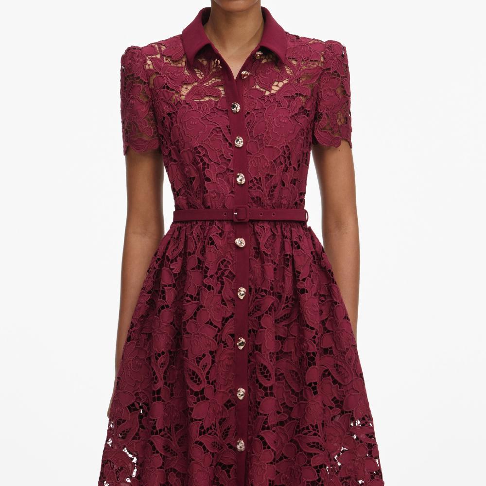 Self Portrait Burgundy Lace Collared Midi Dress CLOTHING