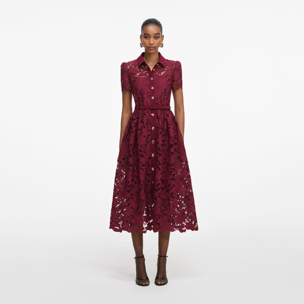 self portrait Burgundy Lace Collared Midi Dress CLOTHING