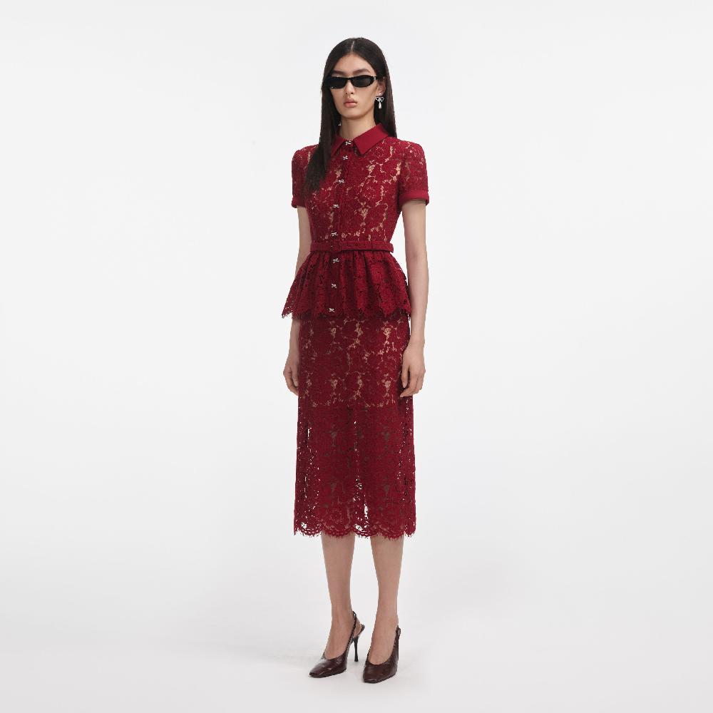Self Portrait Burgundy Lace Peplum Midi Dress CLOTHING