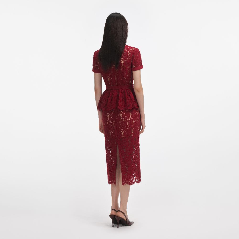 Self Portrait Burgundy Lace Peplum Midi Dress CLOTHING