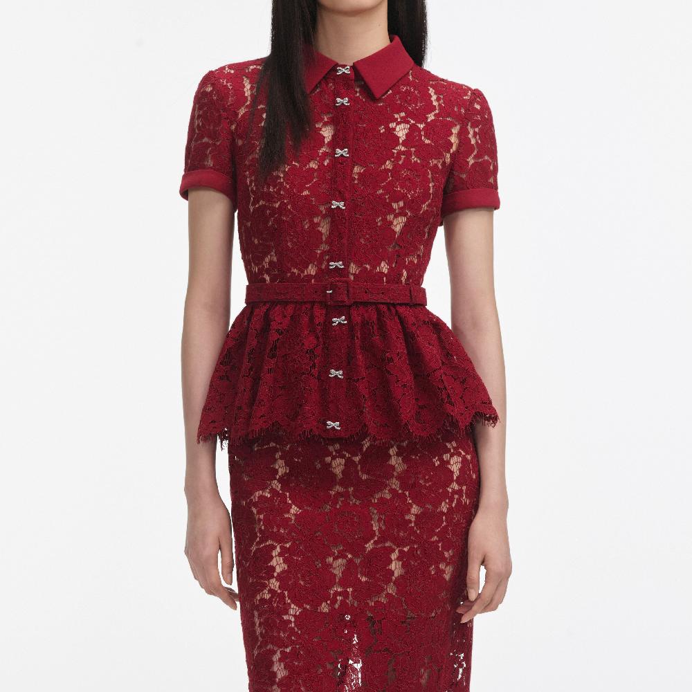 Self Portrait Burgundy Lace Peplum Midi Dress CLOTHING