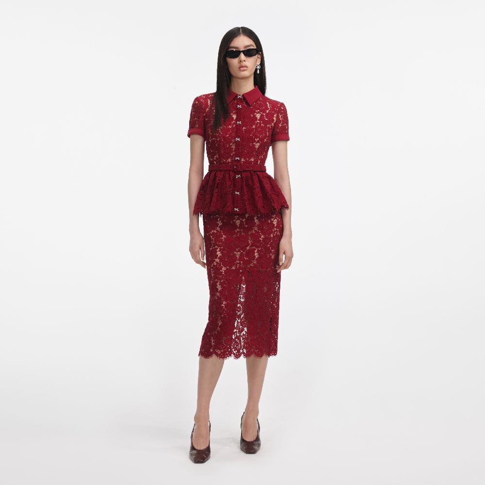 self portrait Burgundy Lace Peplum Midi Dress CLOTHING