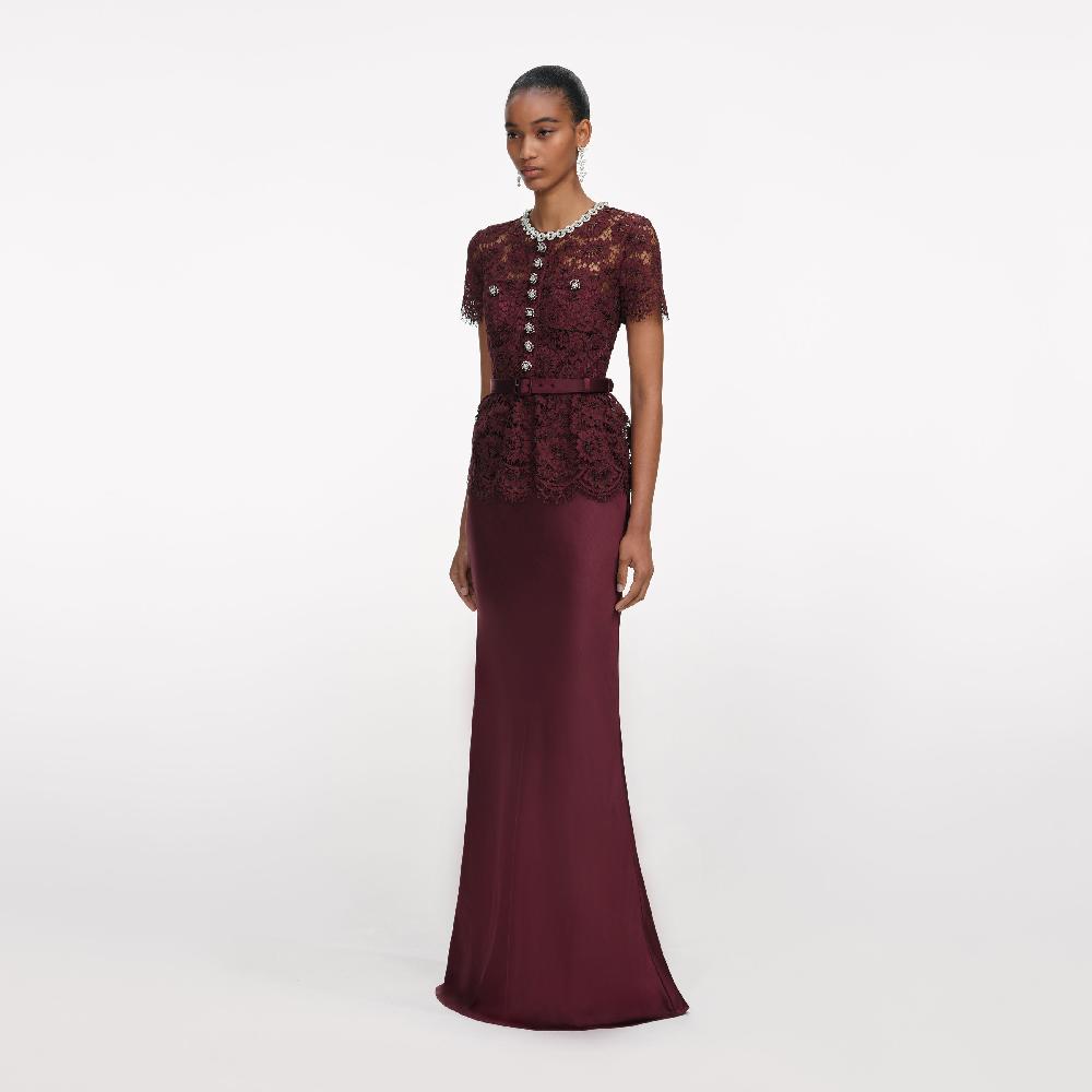 Self Portrait Burgundy Lace Satin Maxi Dress CLOTHING