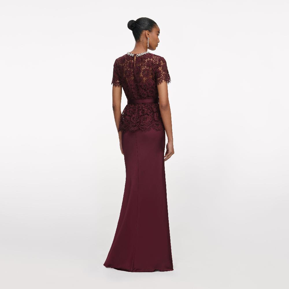 Self Portrait Burgundy Lace Satin Maxi Dress CLOTHING
