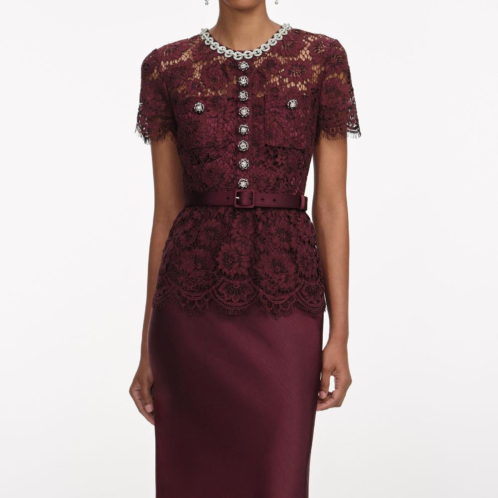 Self Portrait Burgundy Lace Satin Maxi Dress CLOTHING