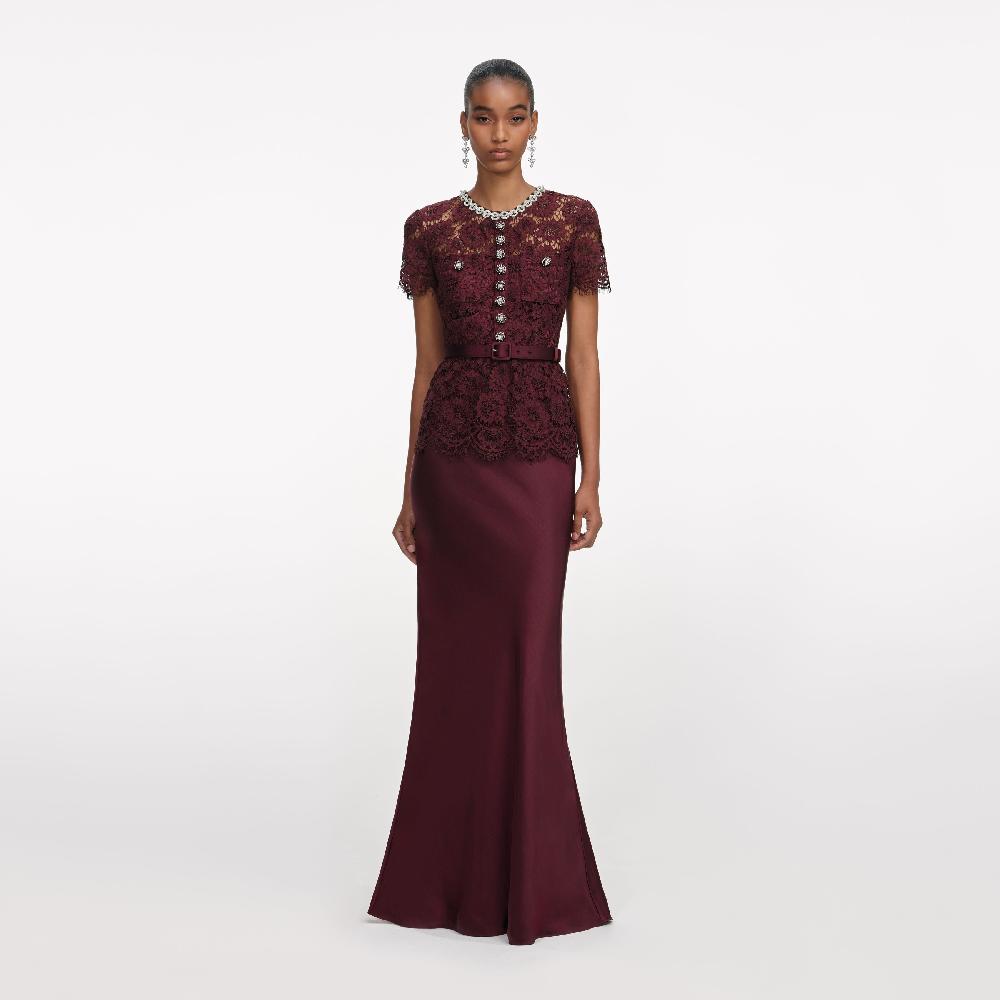 self portrait Burgundy Lace Satin Maxi Dress CLOTHING