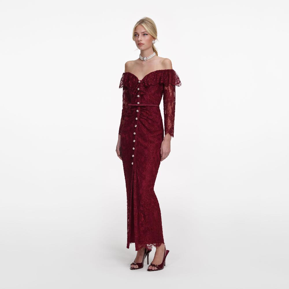 Self Portrait Burgundy Off Shoulder Gathered Lace Maxi Dress CLOTHING
