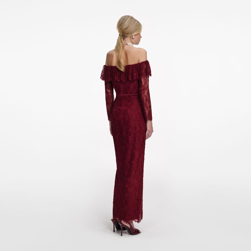 Self Portrait Burgundy Off Shoulder Gathered Lace Maxi Dress CLOTHING