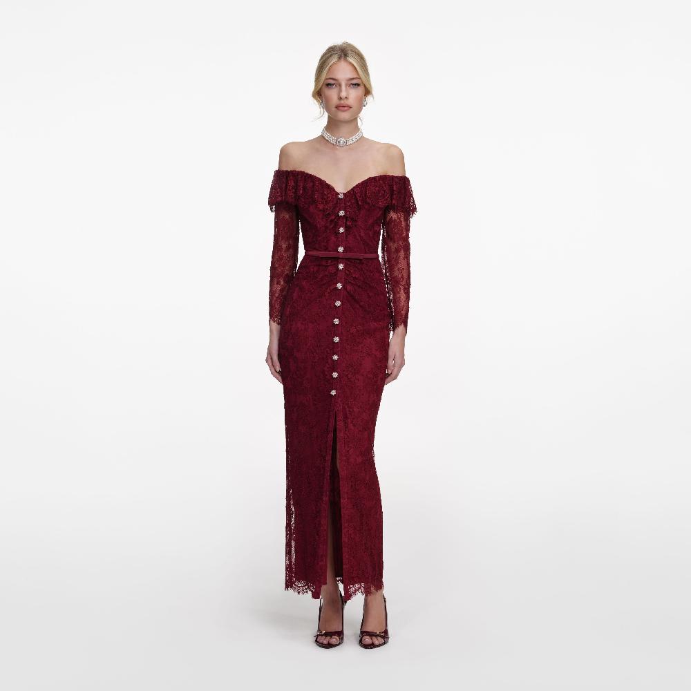 self portrait Burgundy Off Shoulder Gathered Lace Maxi Dress CLOTHING