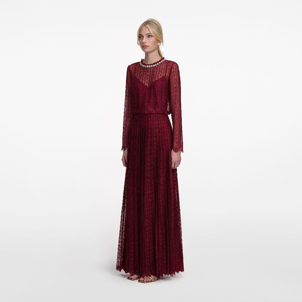 Self Portrait Burgundy Organza Lace Maxi Dress CLOTHING