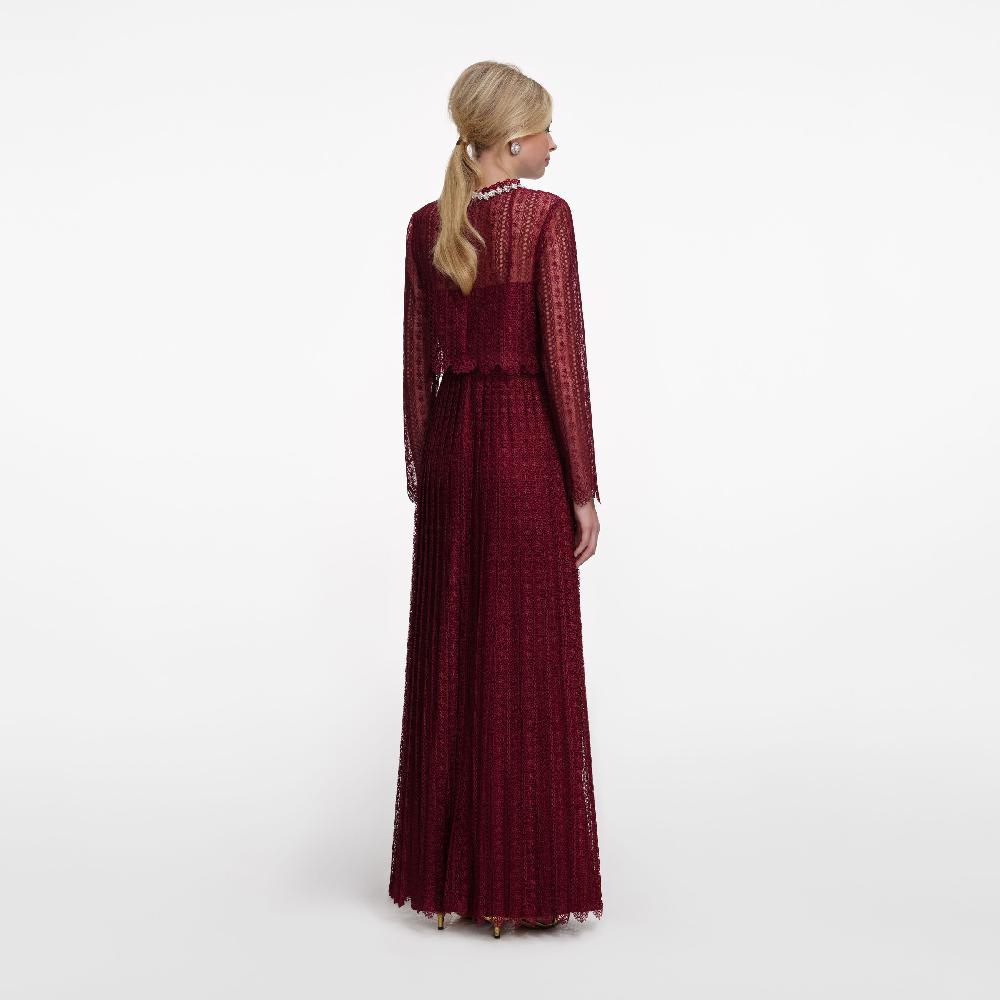 Self Portrait Burgundy Organza Lace Maxi Dress CLOTHING