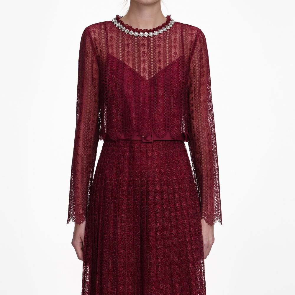 Self Portrait Burgundy Organza Lace Maxi Dress CLOTHING