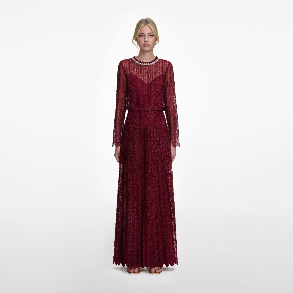 self portrait Burgundy Organza Lace Maxi Dress CLOTHING
