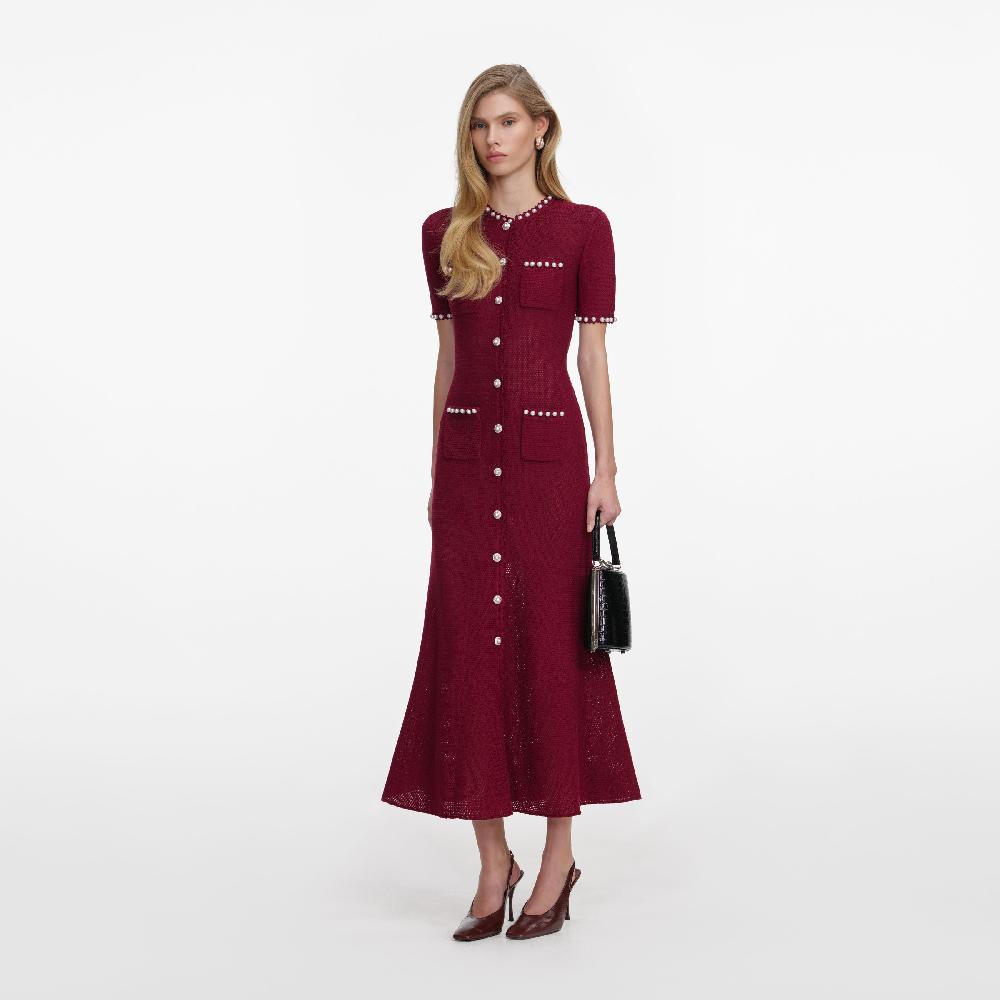 Self Portrait Burgundy Pearl Knit Midi Dress CLOTHING