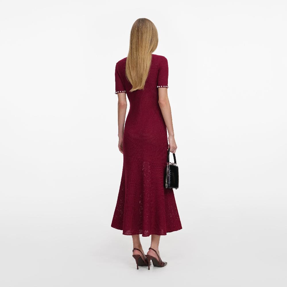 Self Portrait Burgundy Pearl Knit Midi Dress CLOTHING